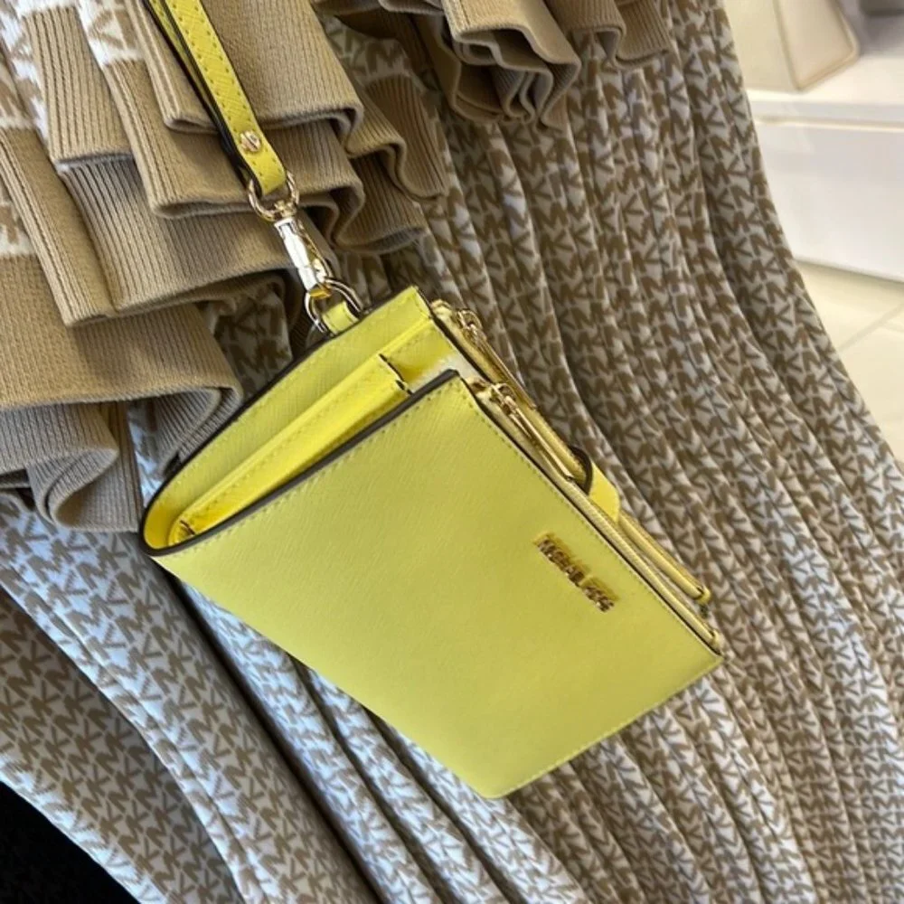 Michael Kors Jet Set Travel Large Double Zip Leather Wristlet Sunshine Yellow